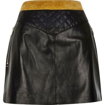 Black leather and suede quilted skirt